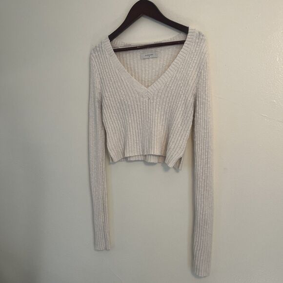 NUDE LUCY Jamie V Neck Knit Cotton Cropped Longsleeve Sweater, Milk- Small - Picture 2 of 6